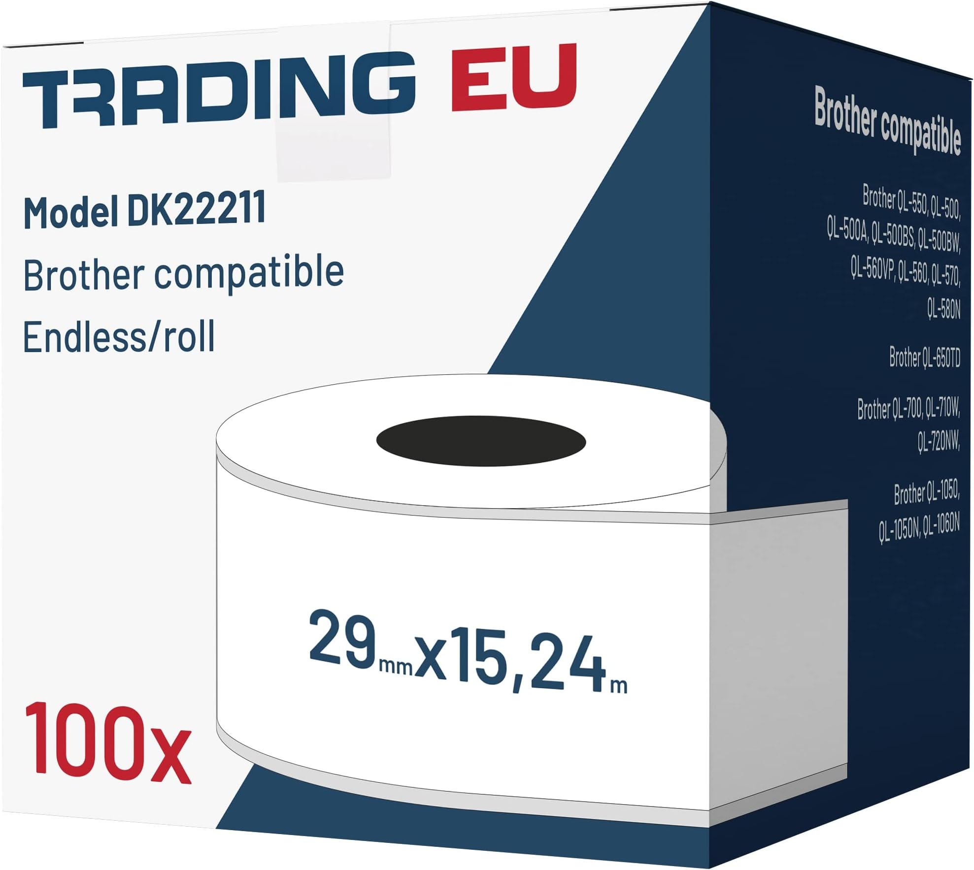 100x Label compatible with the Brother DK22211 29 mm x 15.24 m endless