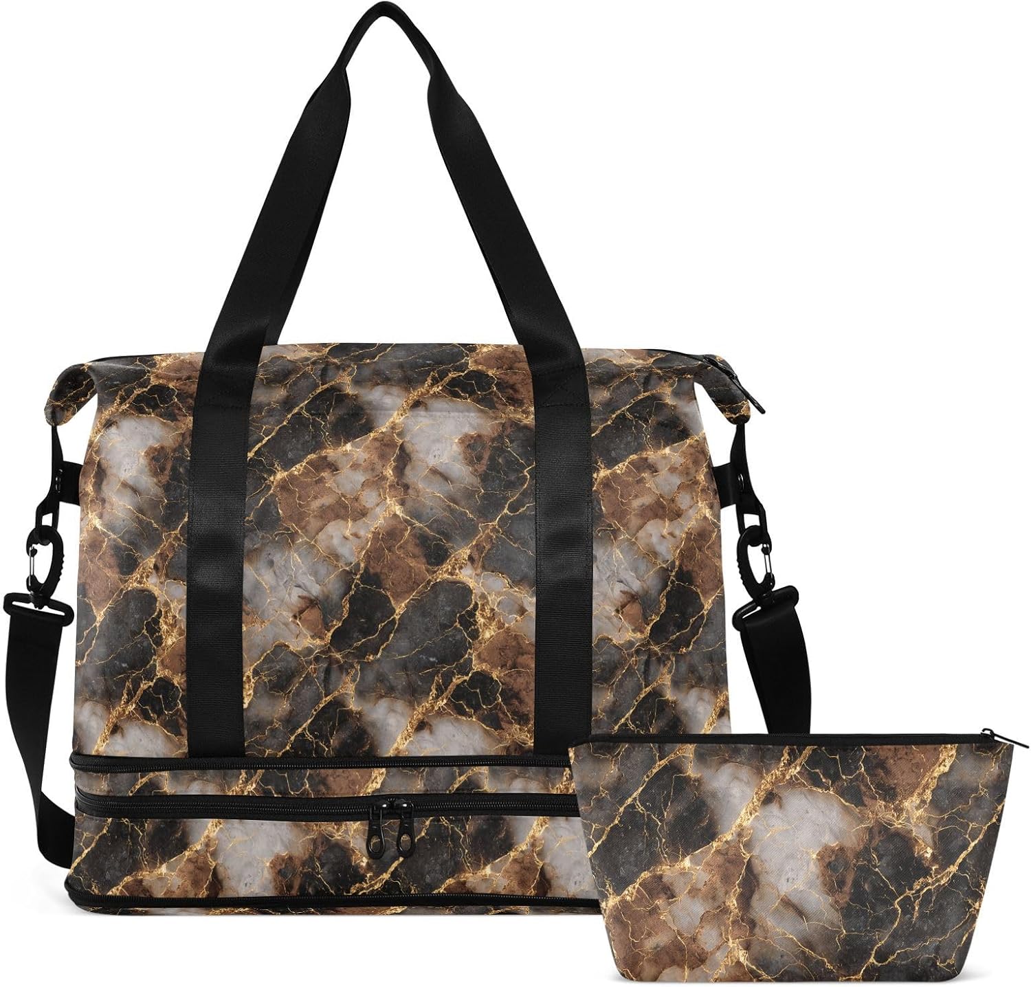 Multifunctional Large Bag Brown Marble Gold Sports Gym Tote Bag with Adjustable Strap for Hiking