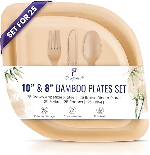Pickytarian Eco Friendly Disposable Tableware - Stylish, Sturdy, Compostable Dinnerware Set for Party, Shower, Wedding, Etc