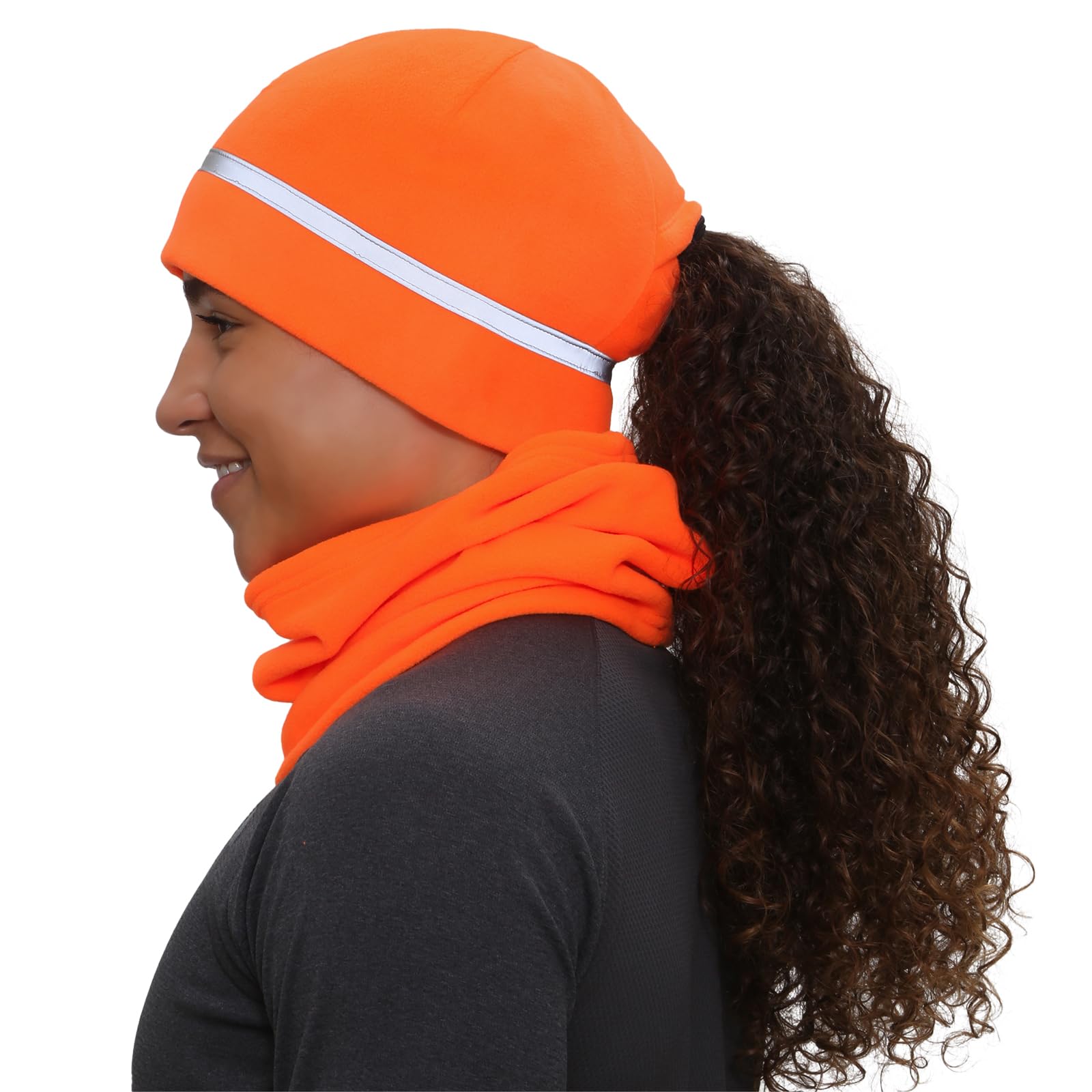 TrailHeads Damen Winter-Set | Reflektierende Pferdeschwanz-Mütze und Micro-Fleece-Halswärmer zum Laufen, Wandern, XC Skifahren