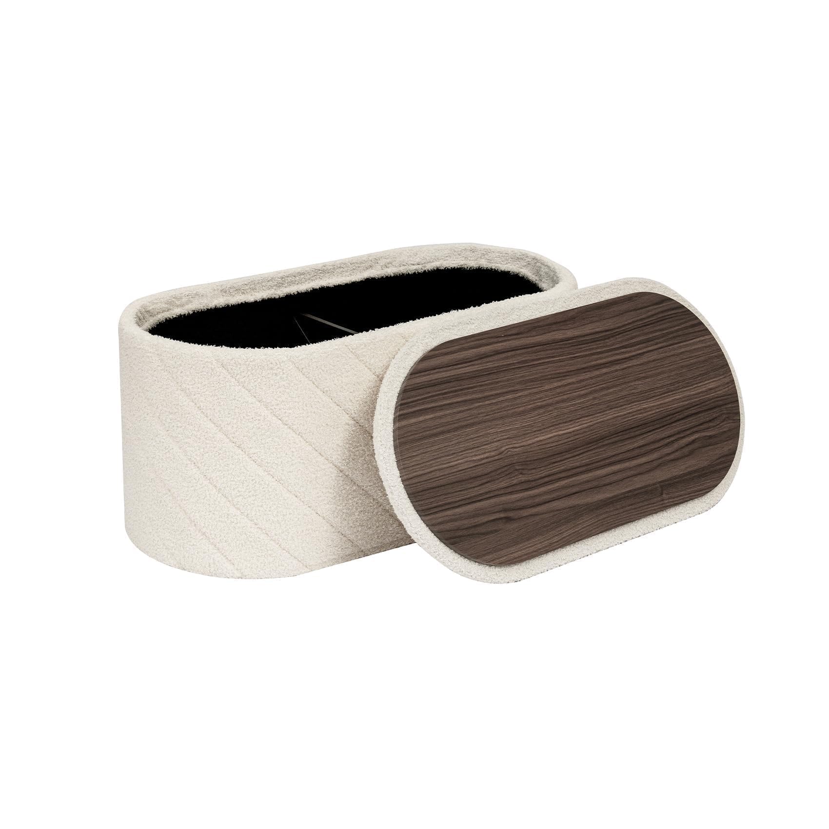 PINPLUS Sitzbank mit Stauraum, Ovale Polsterbank, Klappbarer Fußhocker, Bettbank aus Boucle Stoff, für Schlafzimmer, Wohnzimmer, Weiß, 76x38x38 cm