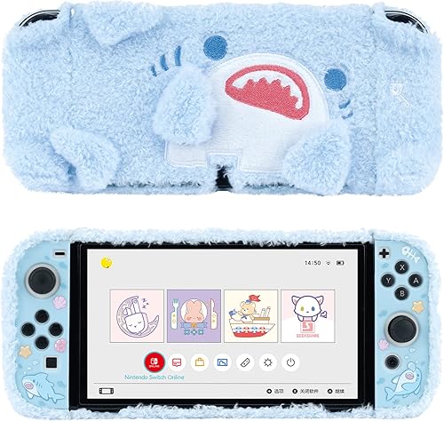 GeekShare Bonita funda protectora de felpa, absorción de golpes y antiarañazos, compatible con el modelo OLED de Nintendo Switch, tiburón de peluche