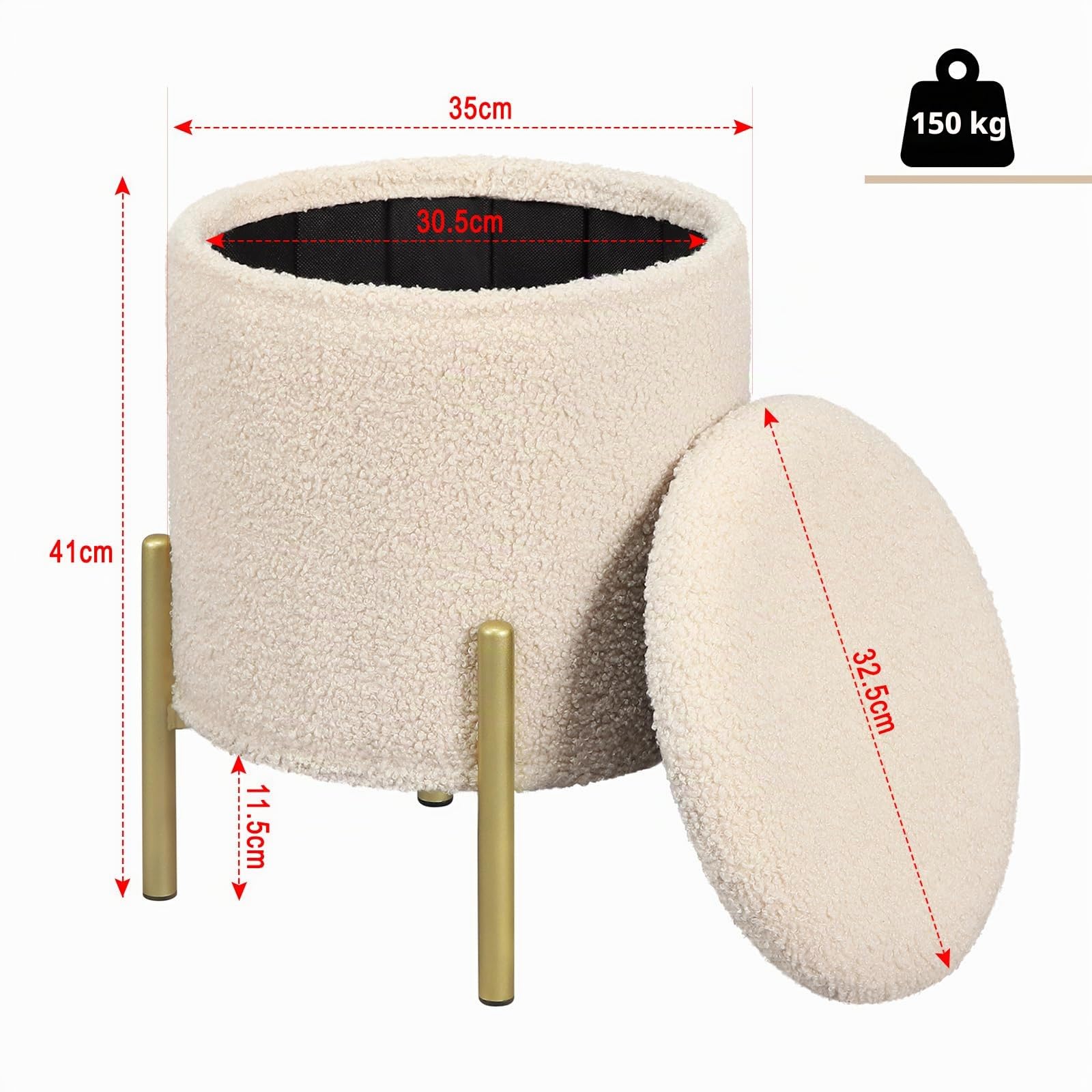 eSituro Taburete Almacenaje Redondo, 18L Baul Almacenaje Plegable con Asiento Tapizado en Felpa, Taburete Bajo con Almacenamieto, Reposapiés de Sofá y Cama, Patas de Metal, φ35x H41 cm, Beige