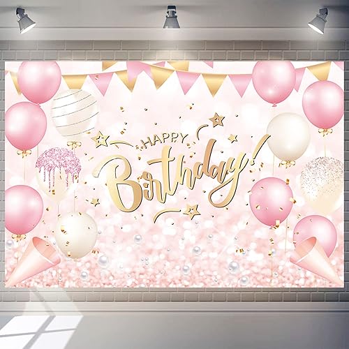 Pancarta de fondo de feliz cumpleaños rosa y oro rosa para mujeres y niñas, decoraciones de fiesta, fondo con purpurina, reunión familiar,