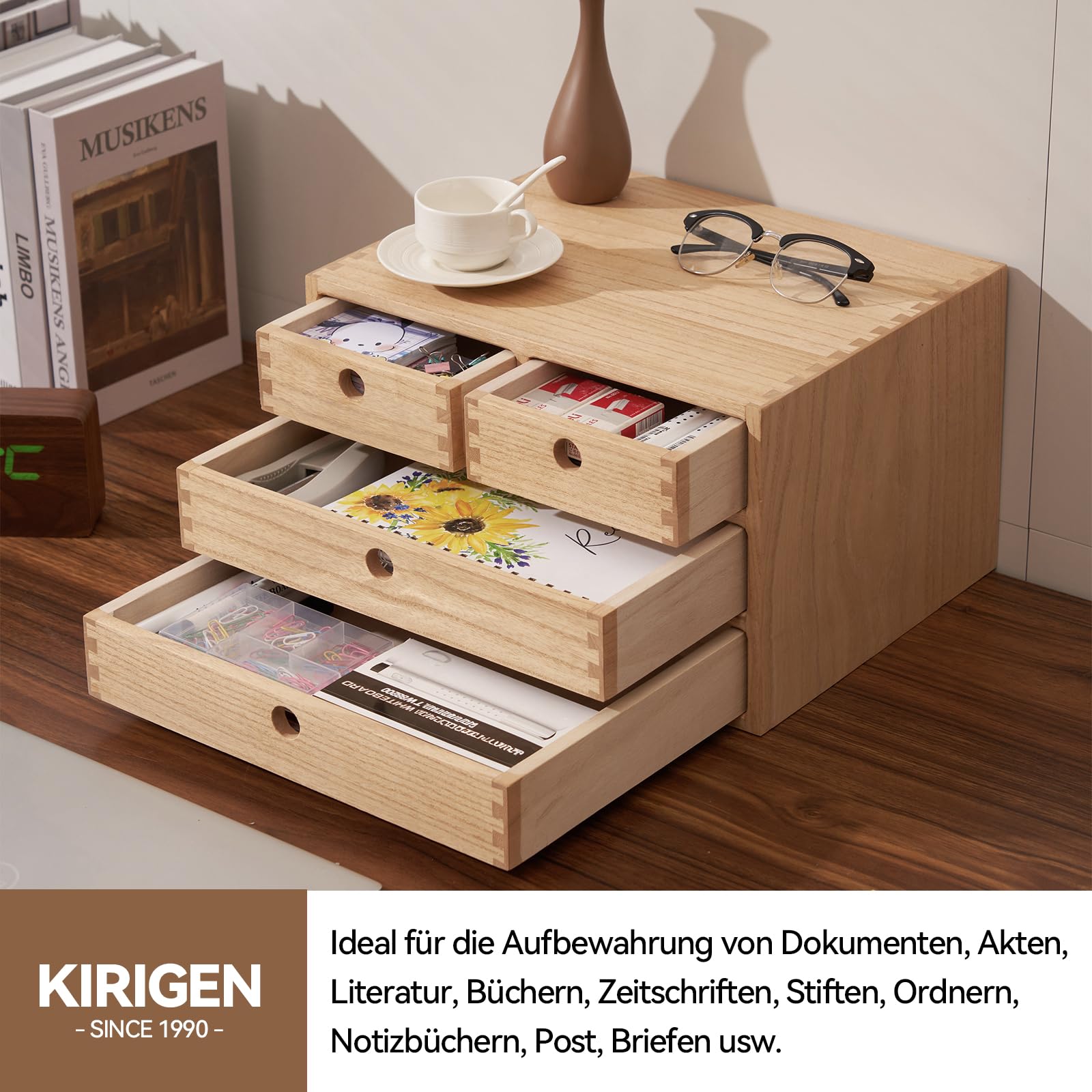 KIRIGEN Schreibtisch-Organizer aus Paulownia-Holz, 35 x 27 x 21,5 cm, Schubladenbox mit 4 Schubladen, stapelbare Dokumentenablage für A4-Papier, Büro und Homeoffice Natur