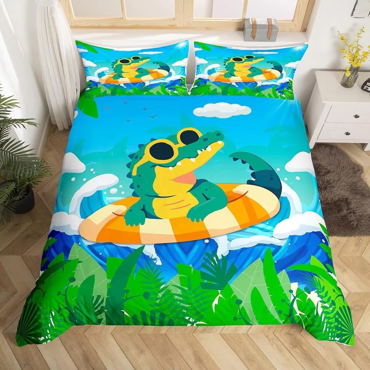 Parure de lit 2 personnes en microfibres douces et respirantes motif crocodile bleu