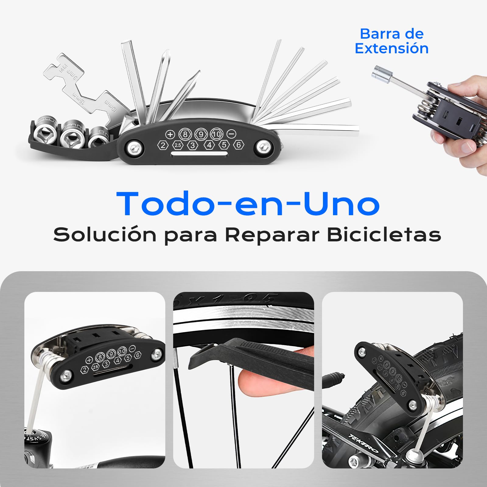 Multiherramienta Bicicleta, 16 en 1 , Kit de Reparación de Pinchazos, Neumáticos Palancas, Parches y Bolsa, Montaña Accesorios Bicicletas