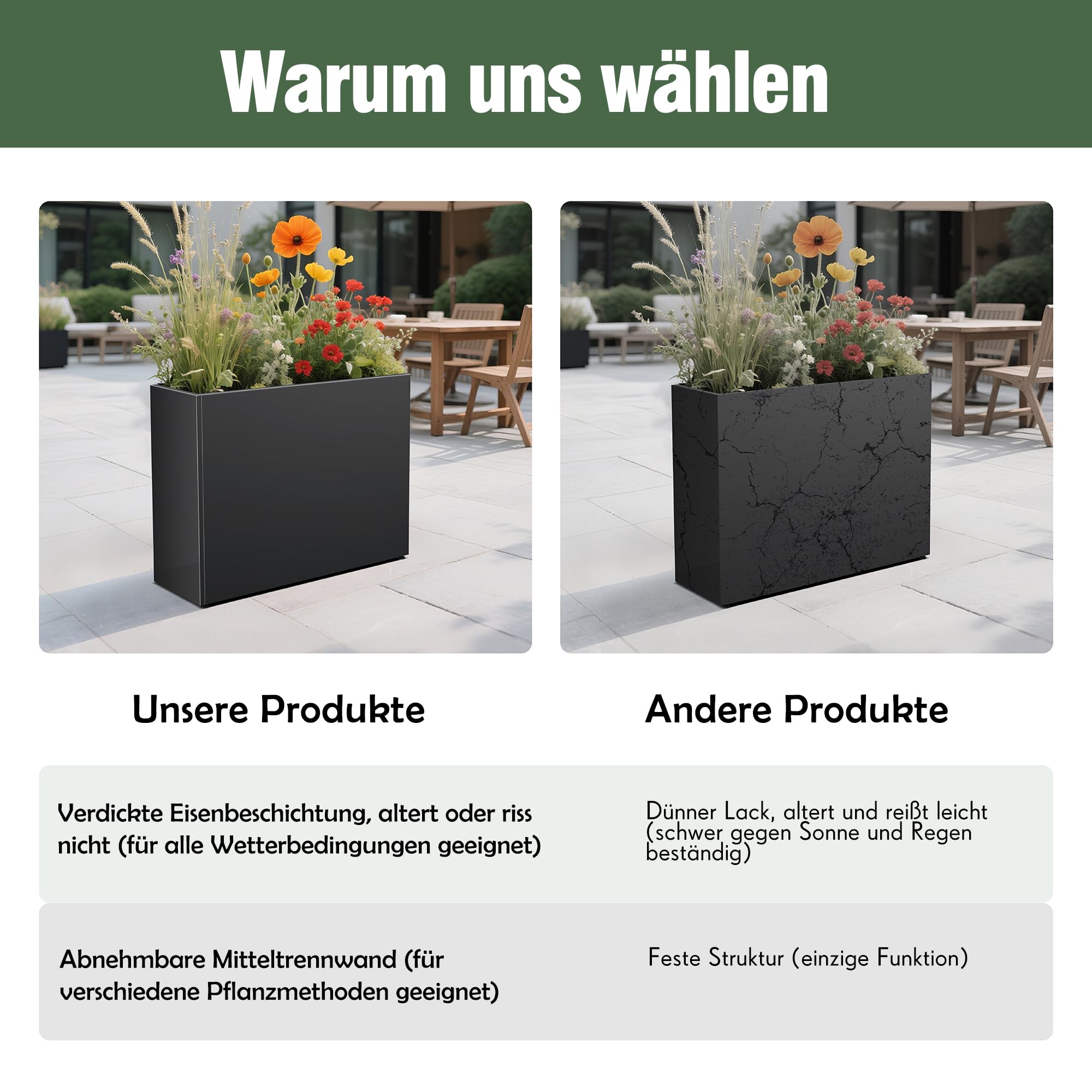 Blumenkasten Hoch Metall Pflanzkübel Rechteckig 96 cm lang XXL Schmal Groß & Wetterfest Dekoratives Hochbeet für Balkon Draußen Garten Terrasse Outdoor
