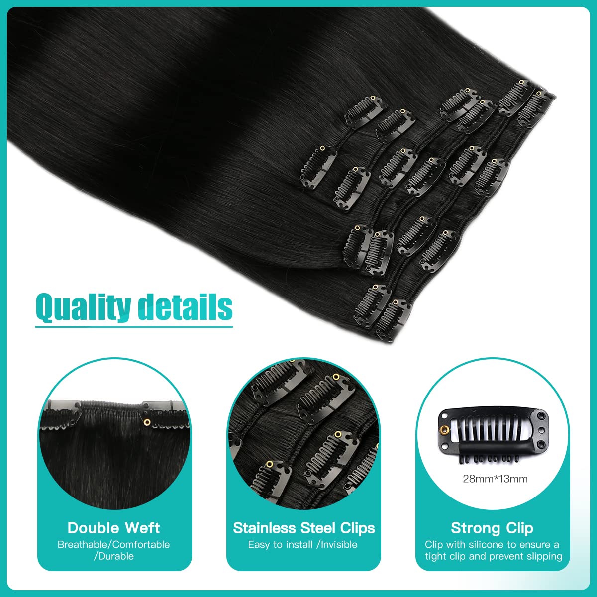 SURNEL Extensiones De Clip De Pelo Natural 100g 35cm 6 Piezas Negro Profundo Extensiones Pelo Natural Clip Real Humano Hair Remy (C#1-35cm) — view 3