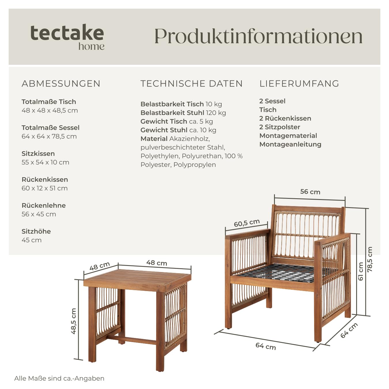 tectake® Lounge Set, Balkonmöbel Bistrotisch Set mit 2X Gartenstuhl Holz und Balkon Tisch, Gartenlounge Set im Rope Design, Garten Lounge, Balkonmöbel Set mit XXL Polsterung