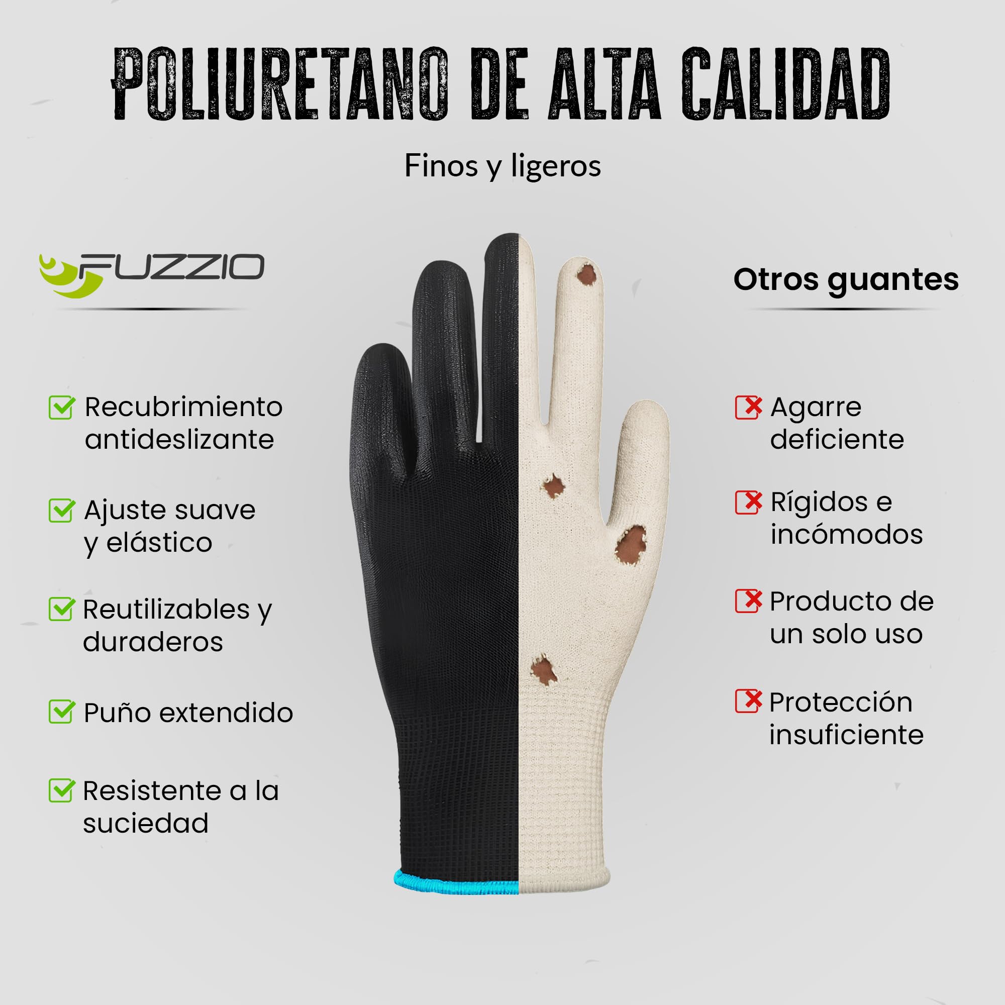Guantes de trabajo Ogrifox FUZZIO 12 pares PU S-7 negro