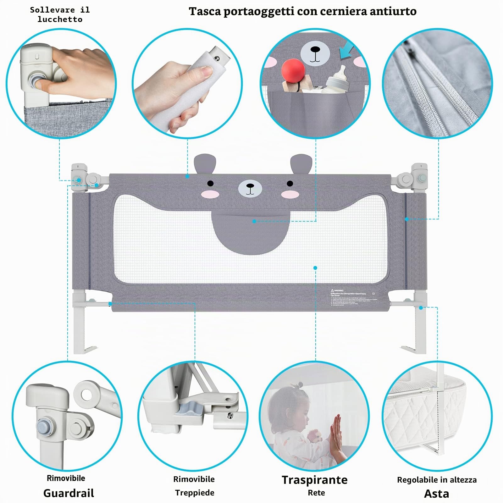 UISEBRT Barriera per Letto Bambini, sponda letto barriera protettiva Regolabile, Barriera Protezione, AltezzaRegolabile 150 cm, per Neonati Bambino, con motivo orso, grigio
