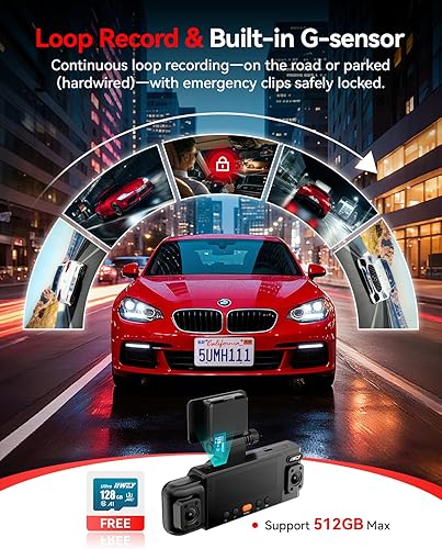Miniatura 6 de IIWEY N6 360 Dash Cam 4 canales, 5.8GHz WiFi-6 (hasta 20MBs) con aplicación, tarjeta de 128 GB gratis, FHD frontal y trasera interior Dash Cam para