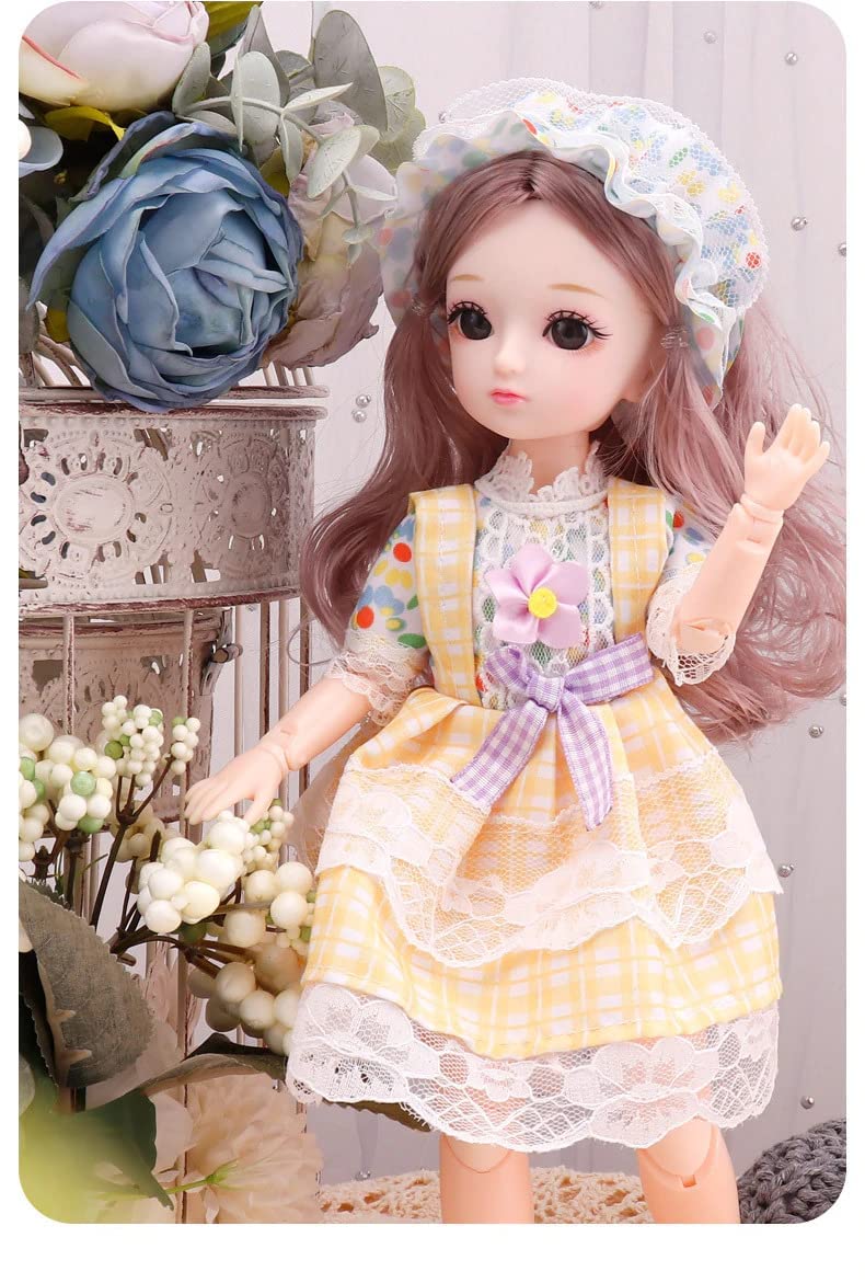 Tickles Set Movable Jointed Fashionable Doll with Check Print Frock & Clothes Shoes for Kids Girls (Size: 30 cm Color: Yellow)