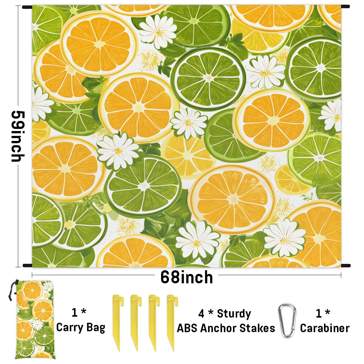 Eabrults Waterproof Sandproof Beach Blanket, 59''×68'' Lemon Seamless Pattern Polyester Outdoor Picnic Blanket with 4 Stakes & Storage Bag for Beach,Camping,Vacation