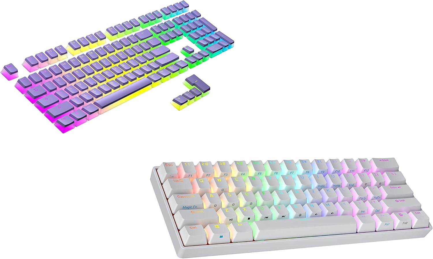 Ranked s60 Supernova Keyboard (White, Gateron Optical Brown) + Pudding PBT Keycaps (Lavender) (Bundle)