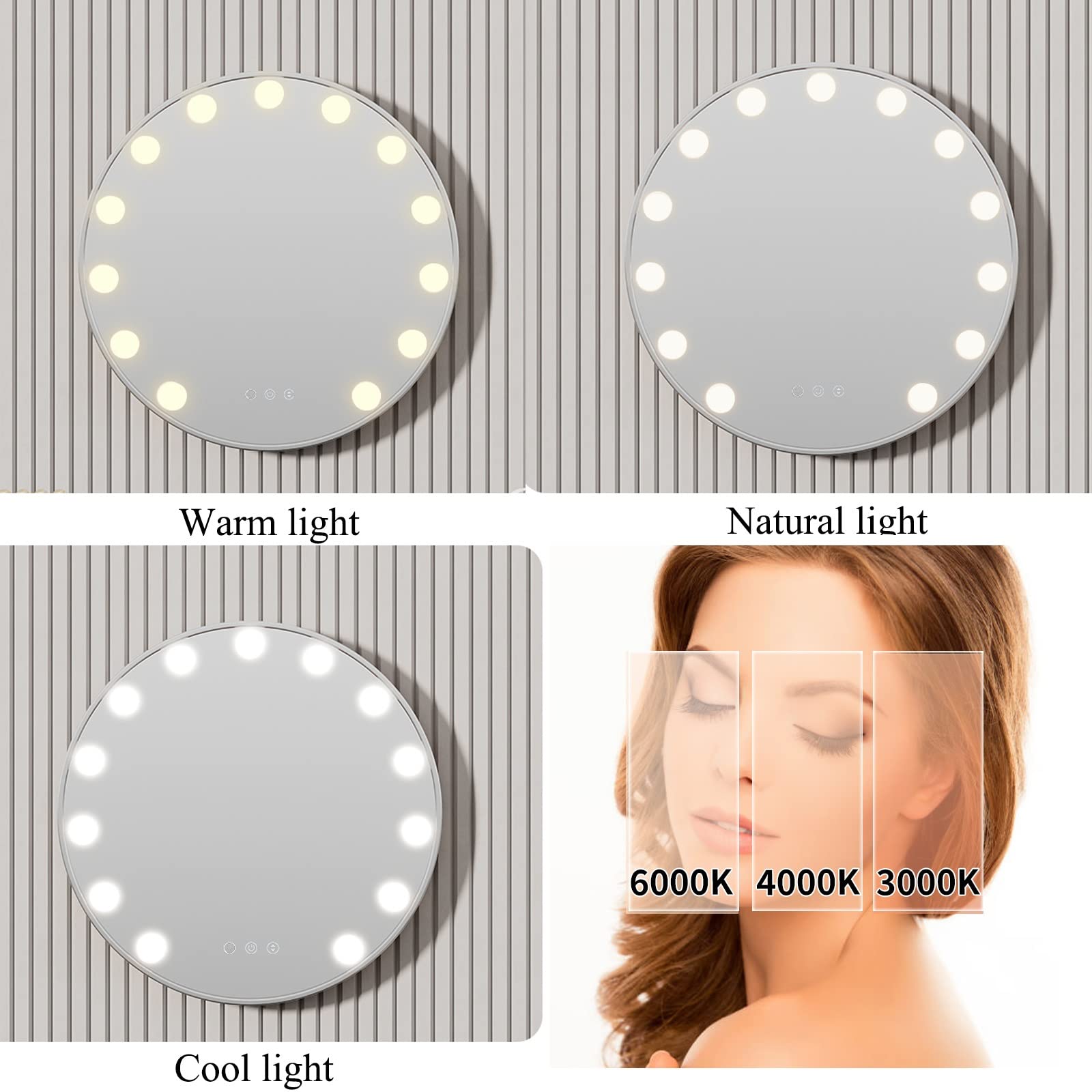 Espejo De Maquillaje Redondo, Espejo De Tocador De Pared, Espejo De Tocador con Bombilla Led, Espejo Cosmético De Tocador con Pantalla Táctil, Tres Fuentes De Luz De Col,Gold-50cm