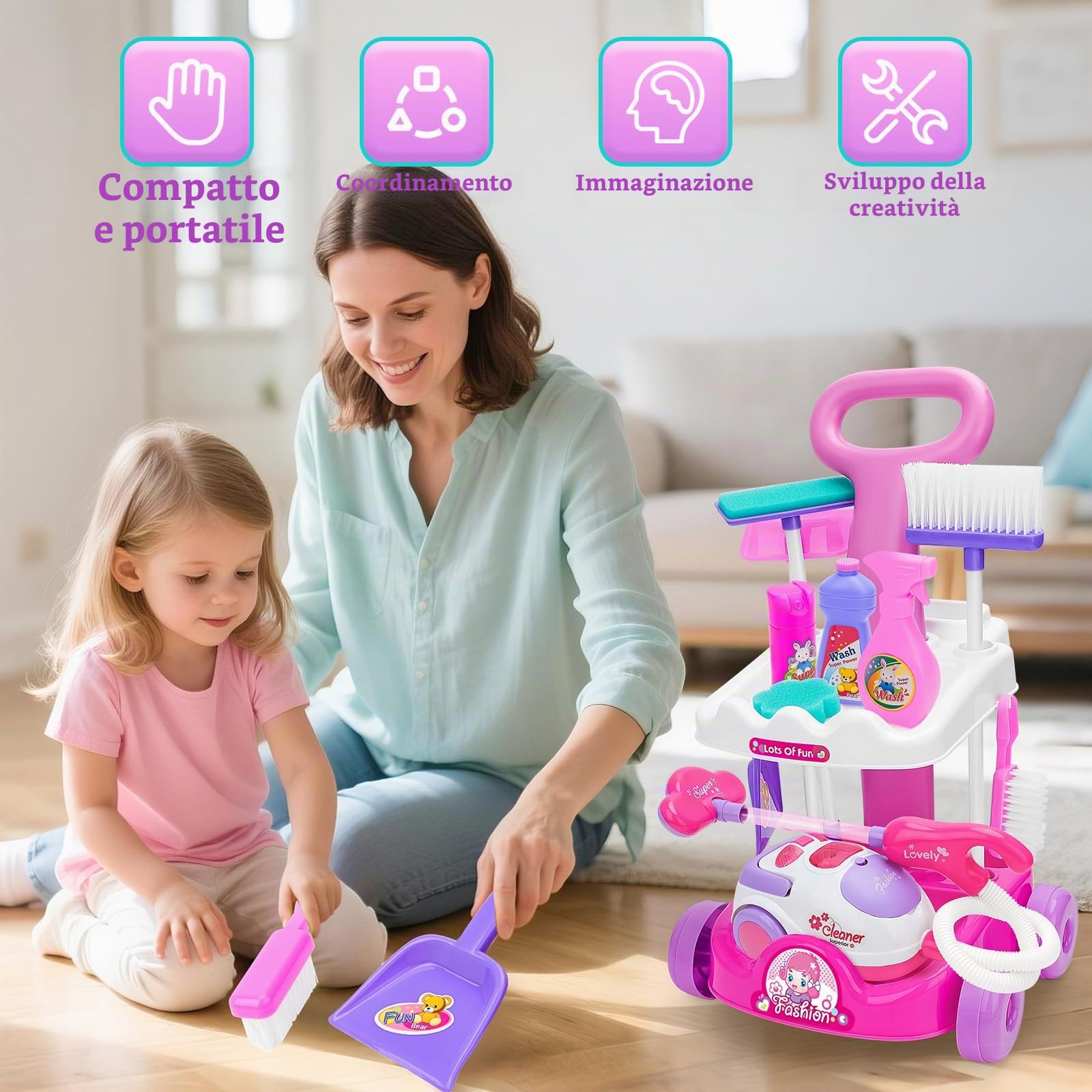 deAO Carrello di Pulizia Include Accessori e Aspirapolvere con Luci e Suoni