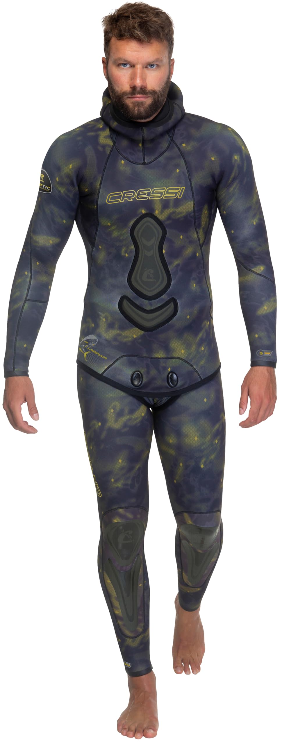 CRESSILampuga 2-pcs Camouflage Patterned Freediving Wetsuit, Jacket & Pants, Loading Chest Pad, Knee Protection, Anatomical Design - Lampuga: Designed in Italy