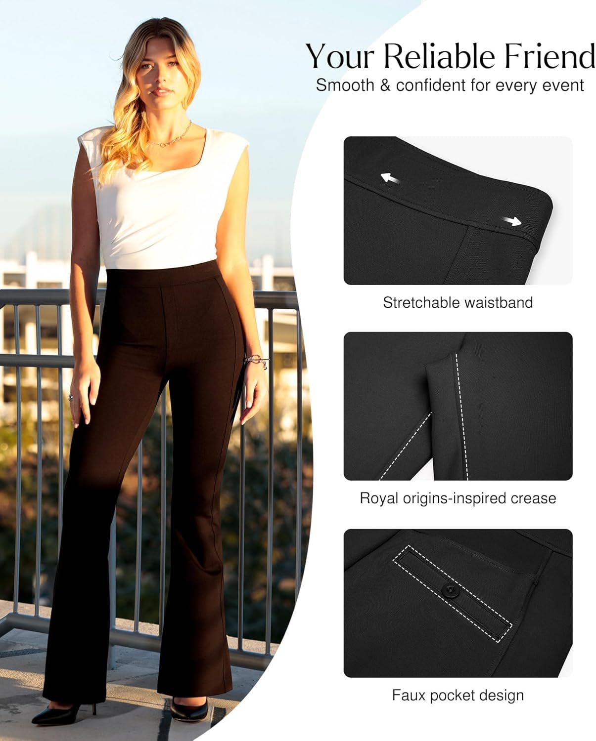 Popilush Dress Pants Women Bootcut Business Casual Work High Waisted Stretchy Flare Trousers Pull On Comfy Office Slacks - Image 5