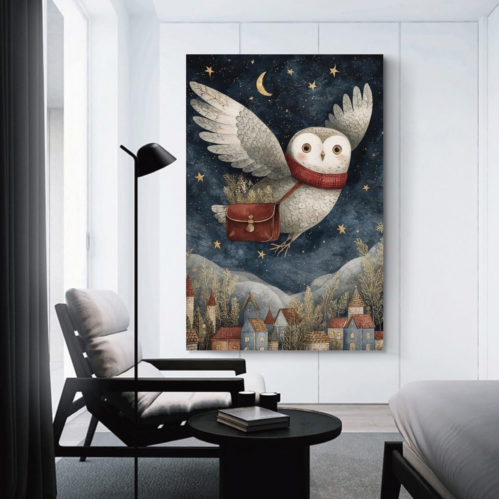Junmoney Unframe-Style-4 Winter Owl Delivery Decorative Wall Artwork 20X30inch(50X75cm), For Corridors, Hallways Or Apartment Entries, Home Artwork For First Impressions
