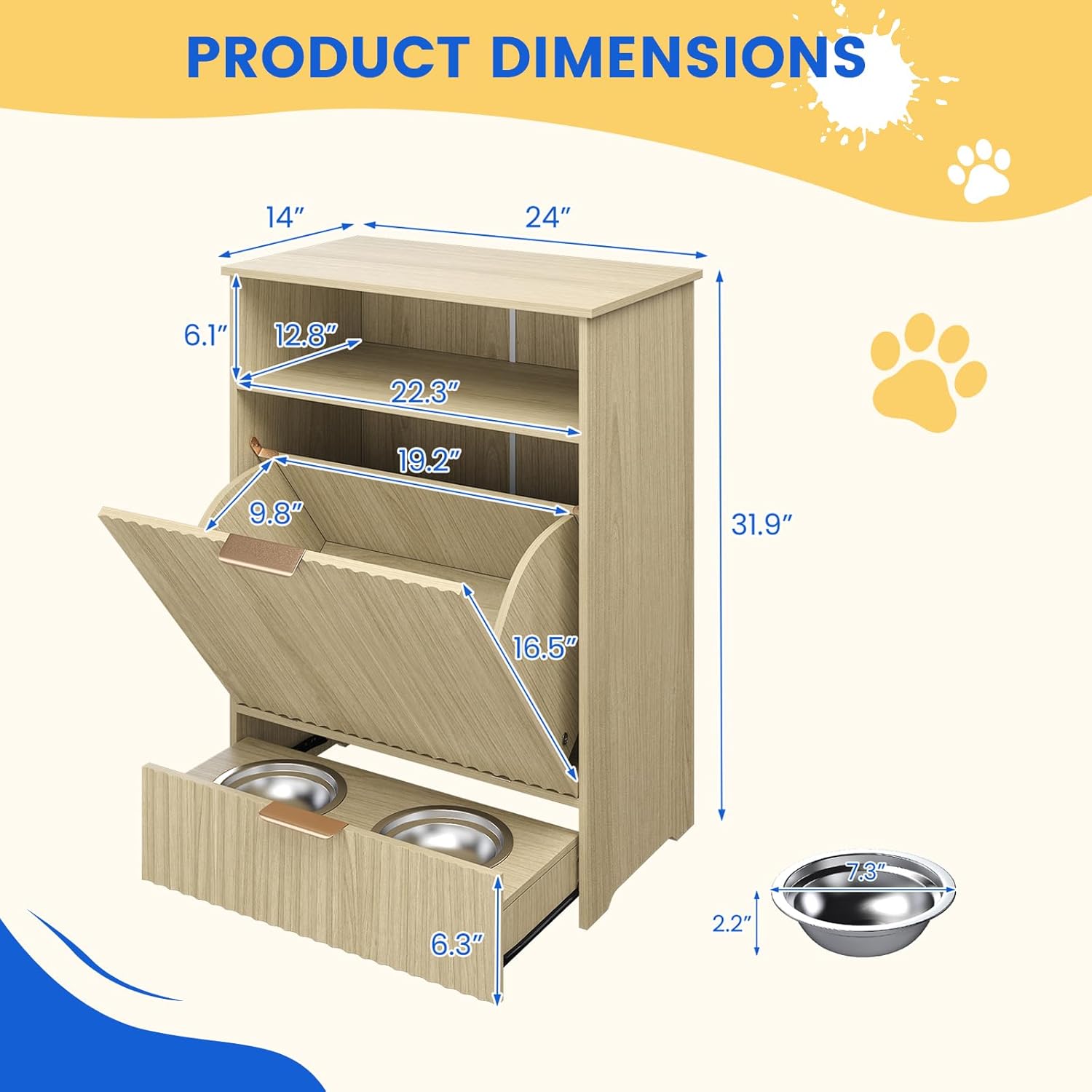 Erinnyees Dog Feeding Station, Dog Food Storage Container with Raised Bowls, Pet Feeder Station Food Cabinet for Toy Feeding Watering Supplies