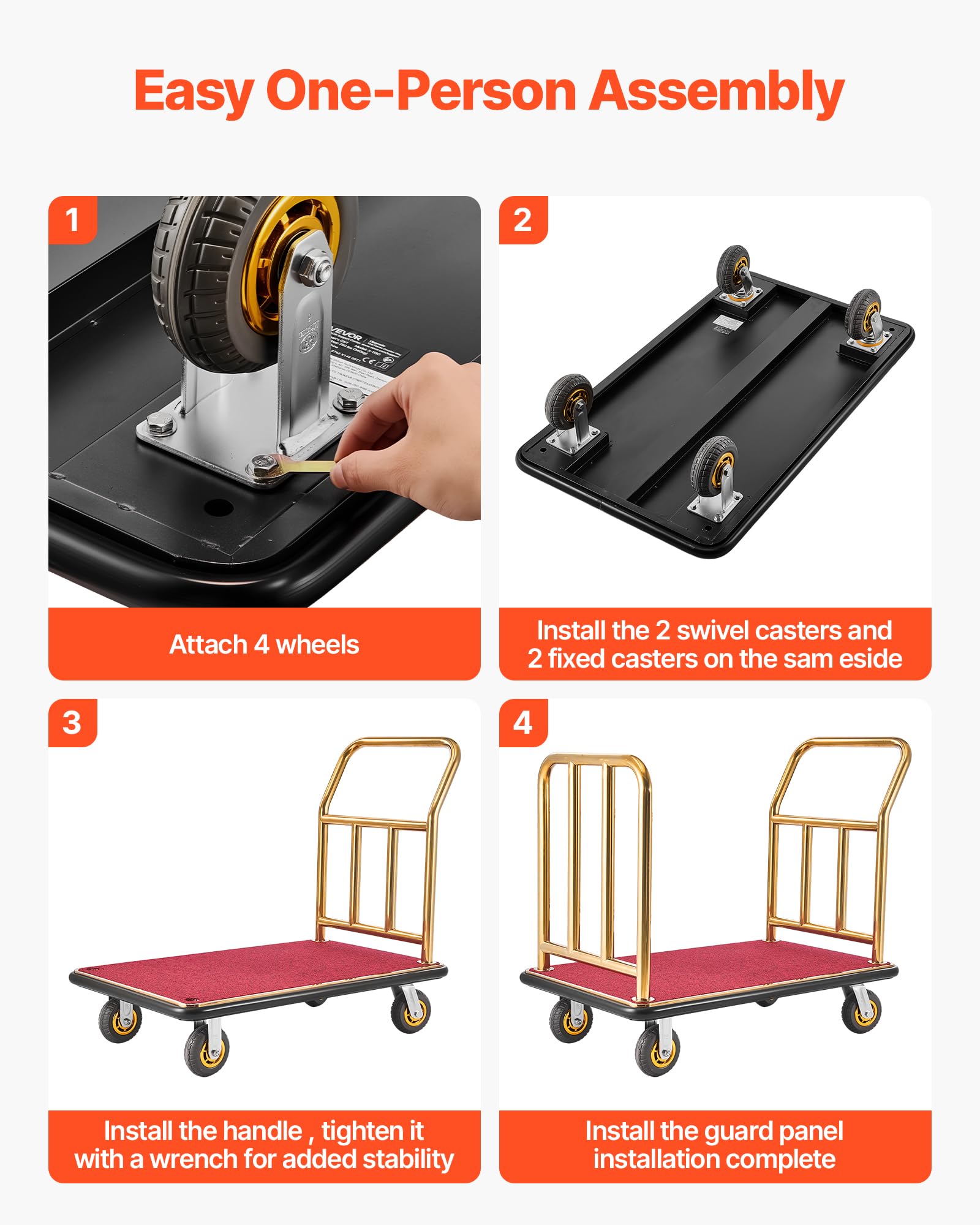 VEVOR Chariot à Bagages d'Hôtel, Charge Max. 340,19 kg, Chariot Porte-Bagages pour Hôtels et Complexes Hôteliers, avec Cadre en Acier Inoxydable, Roues en Caoutchouc 152 mm, Plateau Moquetté Rouge, Or