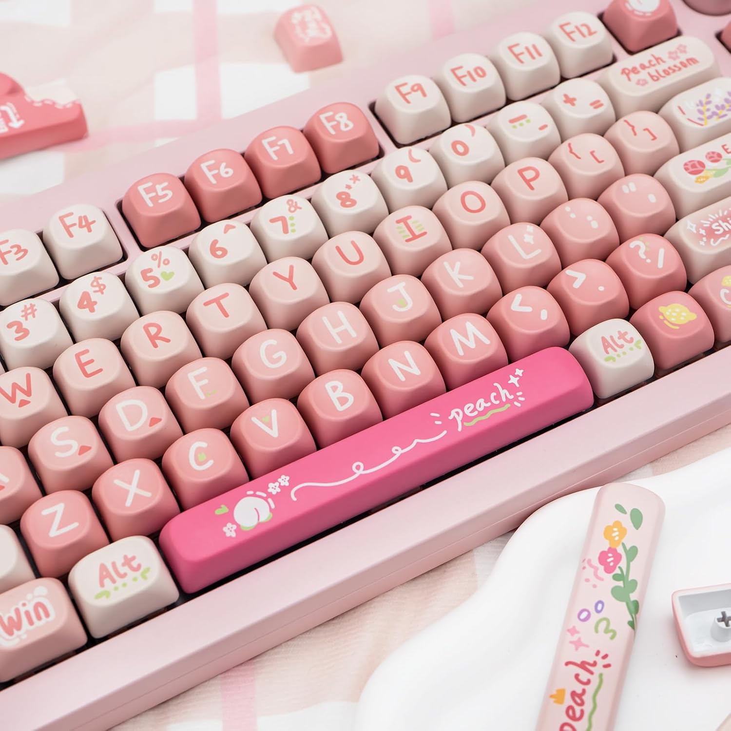 128 Key Peach PBT Keycap Set, MOA Profile, Dye-Sublimation, Cute Keycaps for for Cherry Gateron MX Switches Mechanical Gaming Keyboard (Pink)