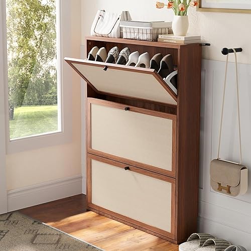 Vista 3 de Armario estrecho de almacenamiento de zapatos con 3 cajones abatibles, armario de madera para zapatos con cajón de puertas de lino, organizador