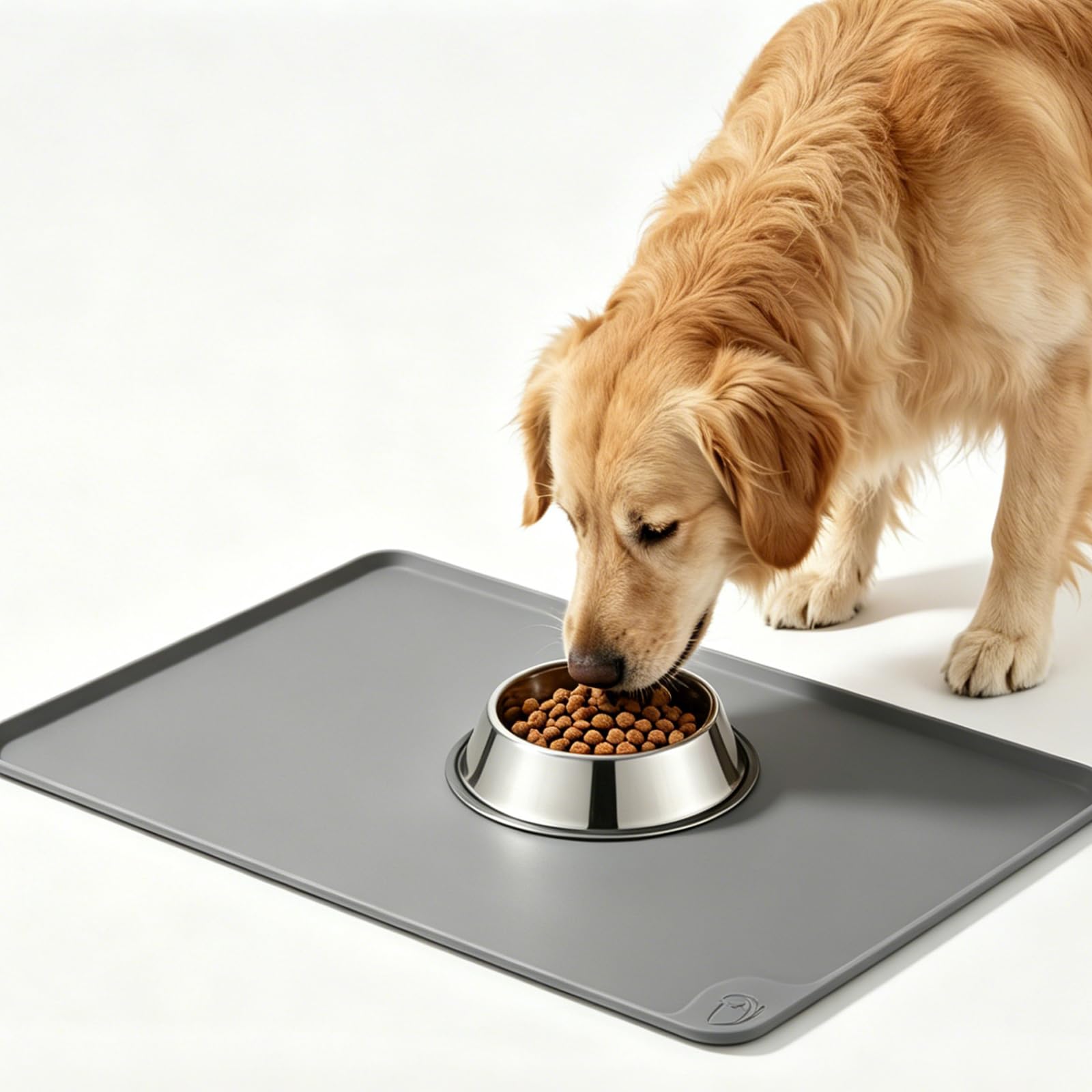 Silicone Pet Feeding Mat, 60 x 40 cm Grey Dog Cat Food Mat with Raised Edges, Non Slip Waterproof Bowl Placemat, Easy Clean Pet Feeding Tray for Food and Water, BPA Free, Protect Floors from Spills