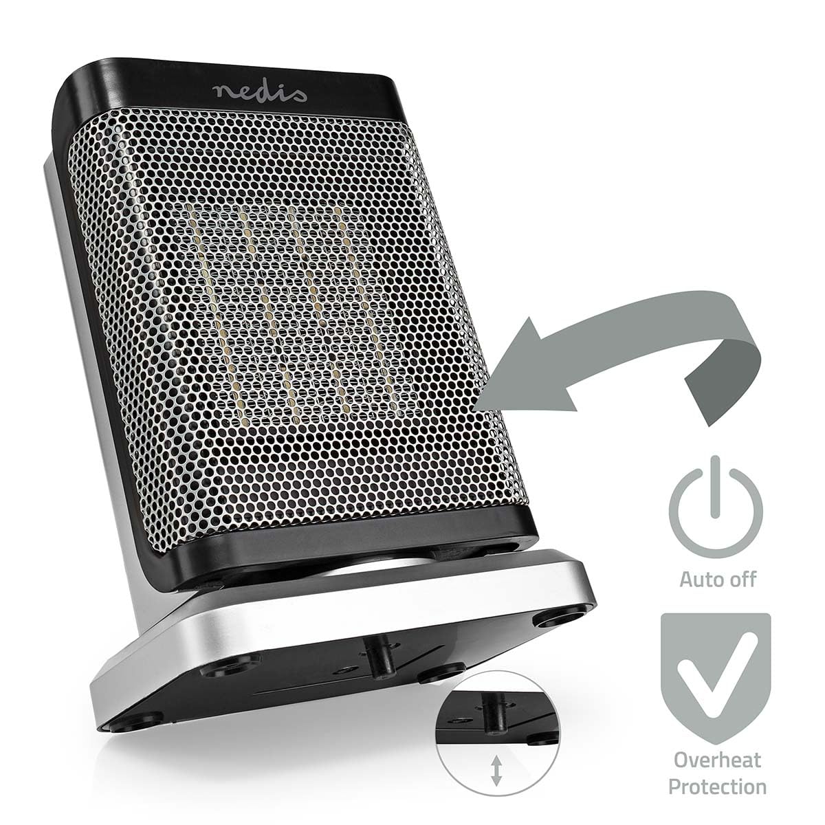 Nedis HTFA17GY ceramiczny termowentylator PTC, 1000/1500 W, 2 tryby ogrzewania, regulowany termostat, automatycznie obrotowy, ochrona przed przegrzaniem, ochrona przed potknięciem