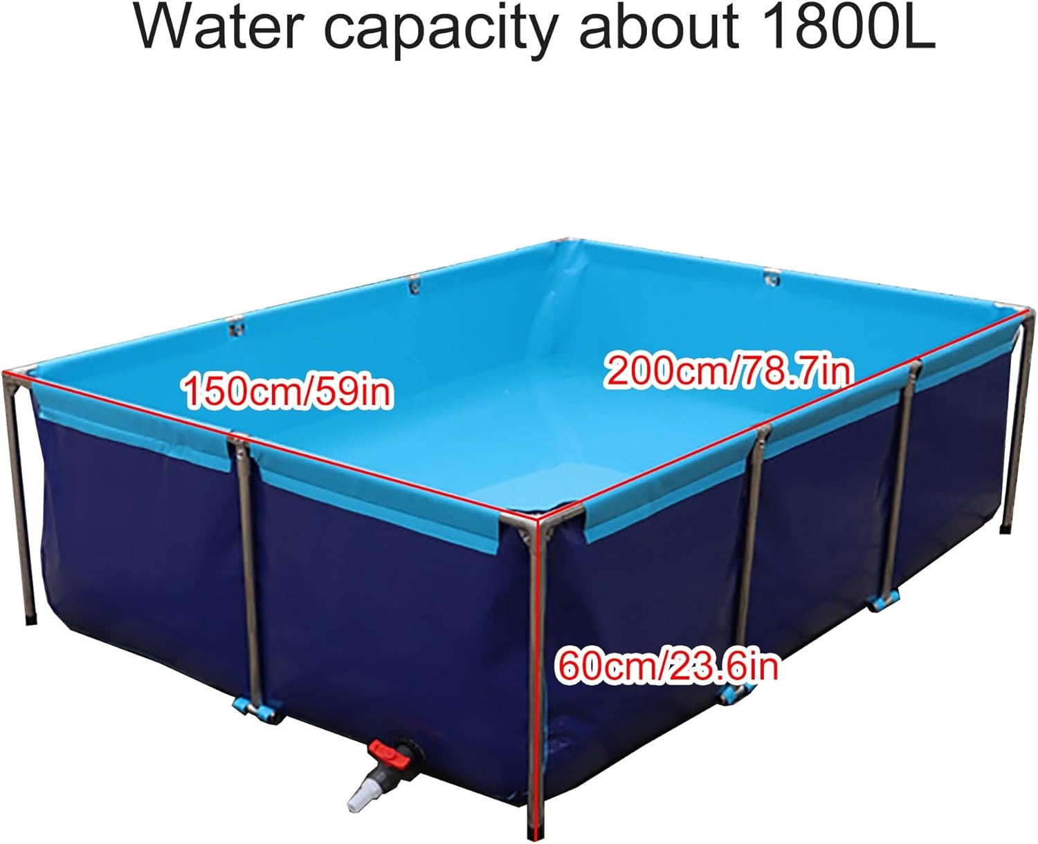 Koi Fish Pond - Large Collapsible Frame Swimming Pool, Durable Canvas Tarpaulin with Drain Valve, Outdoor Holding Tank for Aquatic Life, 200x150x60 cm