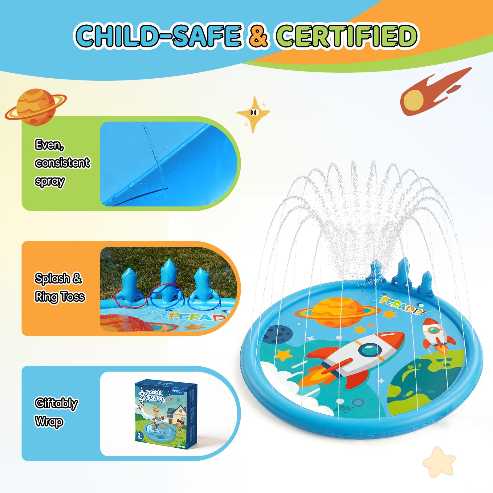 Peradix Alfombra de juego con aspersores de cohetes y juego de lanzamiento de anillos para niños – Alfombra de juegos de agua con 6 gusanos (3 rojos, 3 azules) para exteriores, antideslizante, para
