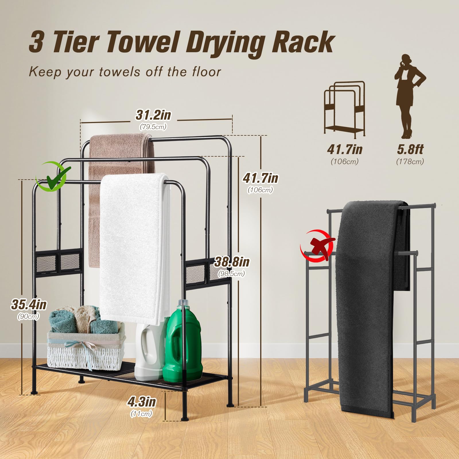 Porte-serviettes de 111,8 cm de grand format autoportant - Porte-serviettes pour piscine extérieure à 3 niveaux, support polyvalent pour couvertures et couettes pour salon, salle de bain