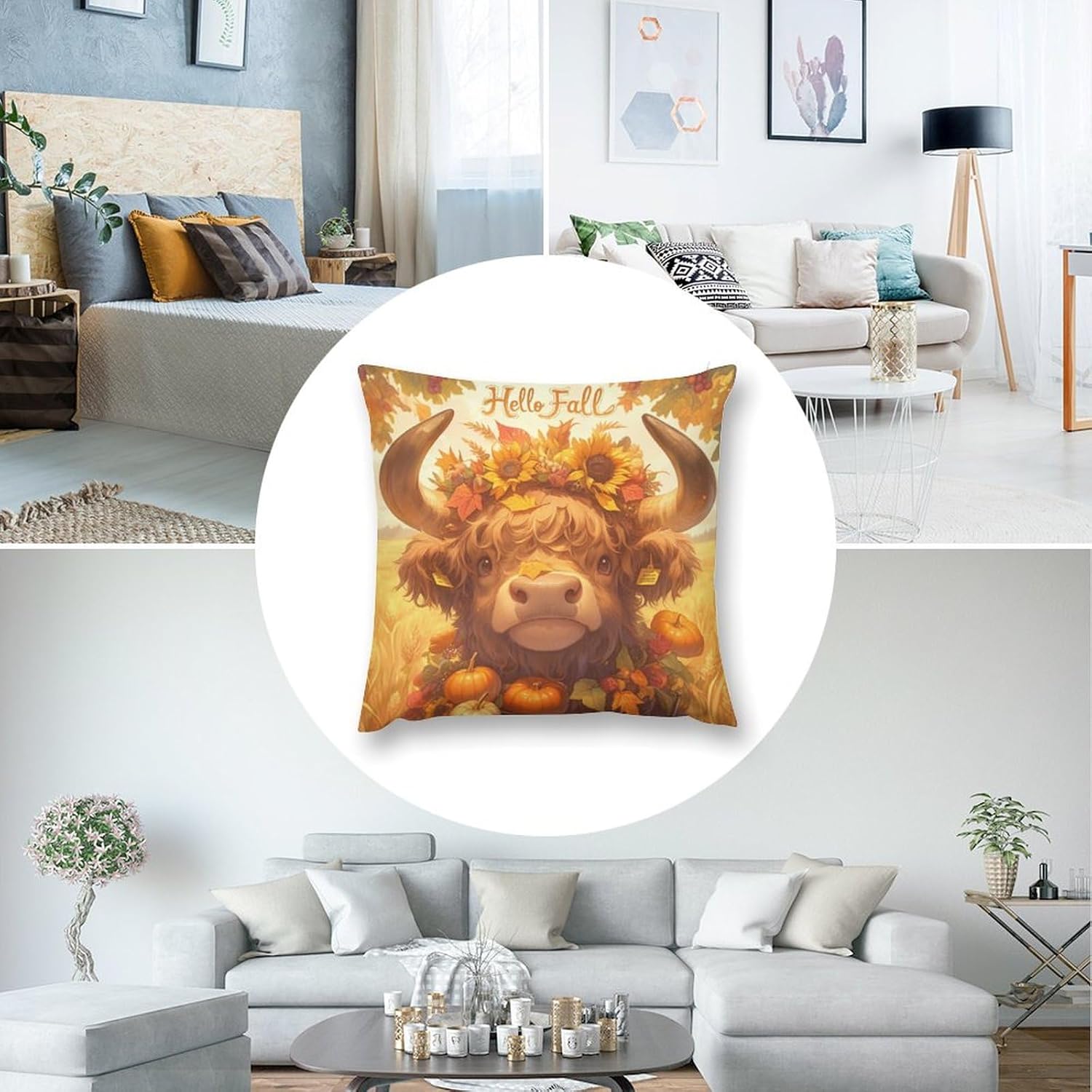 Pack of 4 Fall Fall Cow Pumpkin Sunflowers Decorative Throw Pillow Covers 22 x 22, Soft Square Cushion Case Pillow Cases Set for Farmhouse Home Couch Sofa Decor, Christmas Pillows Decorations