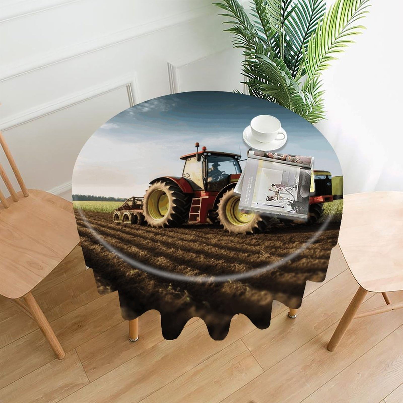 FodPand Tractor Farm Round Tablecloth - 60 Inch Premium Polyester Table Cloth, Fashion Wrinkle Resistant Decorative Table Cover for Dining Kitchen Party Buffet Tables