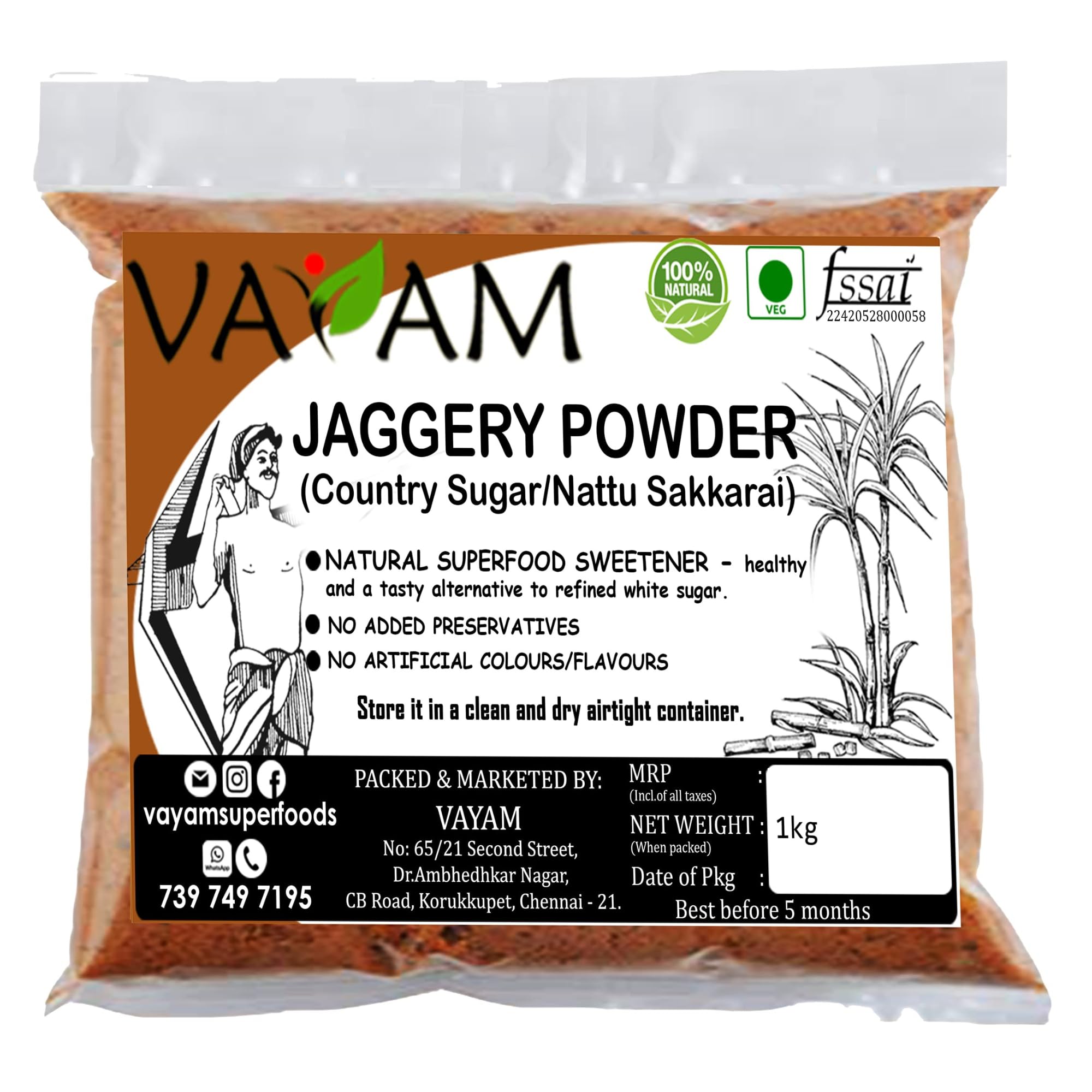 Vayam Jaggery Powder 2kg | 100% Natural & Unrefined | Nattu Sakkarai | Country Sugar | Gur Powder | Chemical-Free Sweetener