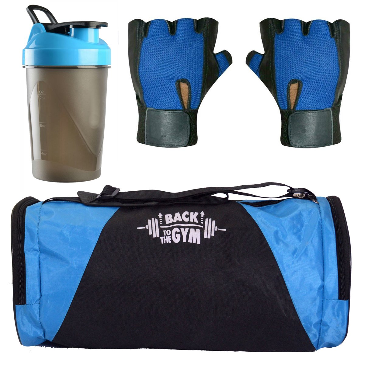 CP Bigbasket Combo Set Polyester 40 Ltrs Blue Sport Gym Duffle Bag Shoe Compartment, Gym Shaker (400 ml), Netted Gym & Fitness Gloves (Blue)-image-26