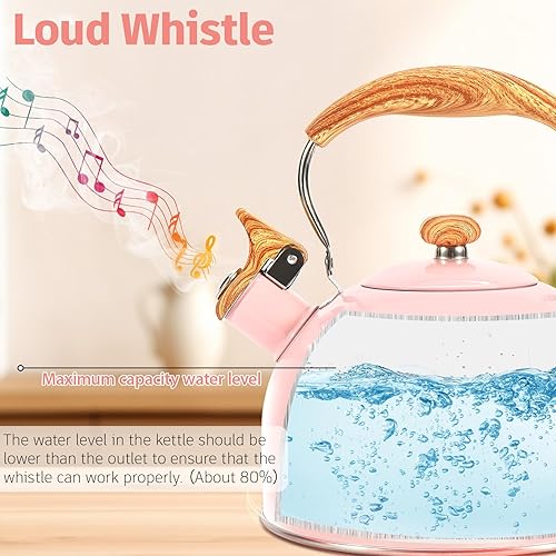 Miniatura 2 de Hervidor de té, estufa silbante de 2.6 cuartos de galón, tetera para estufa, acero inoxidable de grado alimenticio, mango de madera (rosa), con