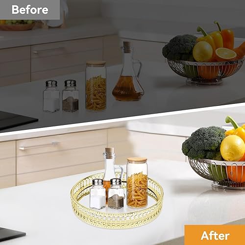 Miniatura 6 de Bandeja de espejo, bandeja de espejo dorada, bandeja redonda ornamentada, organizador de perfumes, bandeja de maquillaje, bandeja organizadora de