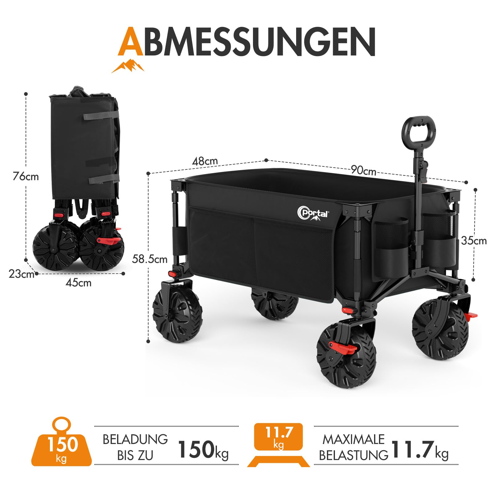 Portal Bollerwagen faltbar größe Reifen mit Bremse Klappwagen Handwagen klappbar mit Seitentasche Faltwagen Gartenwagen Transportwagen für Alle Gelände Camping Strand Einkaufen 150kg Belastbarkeit