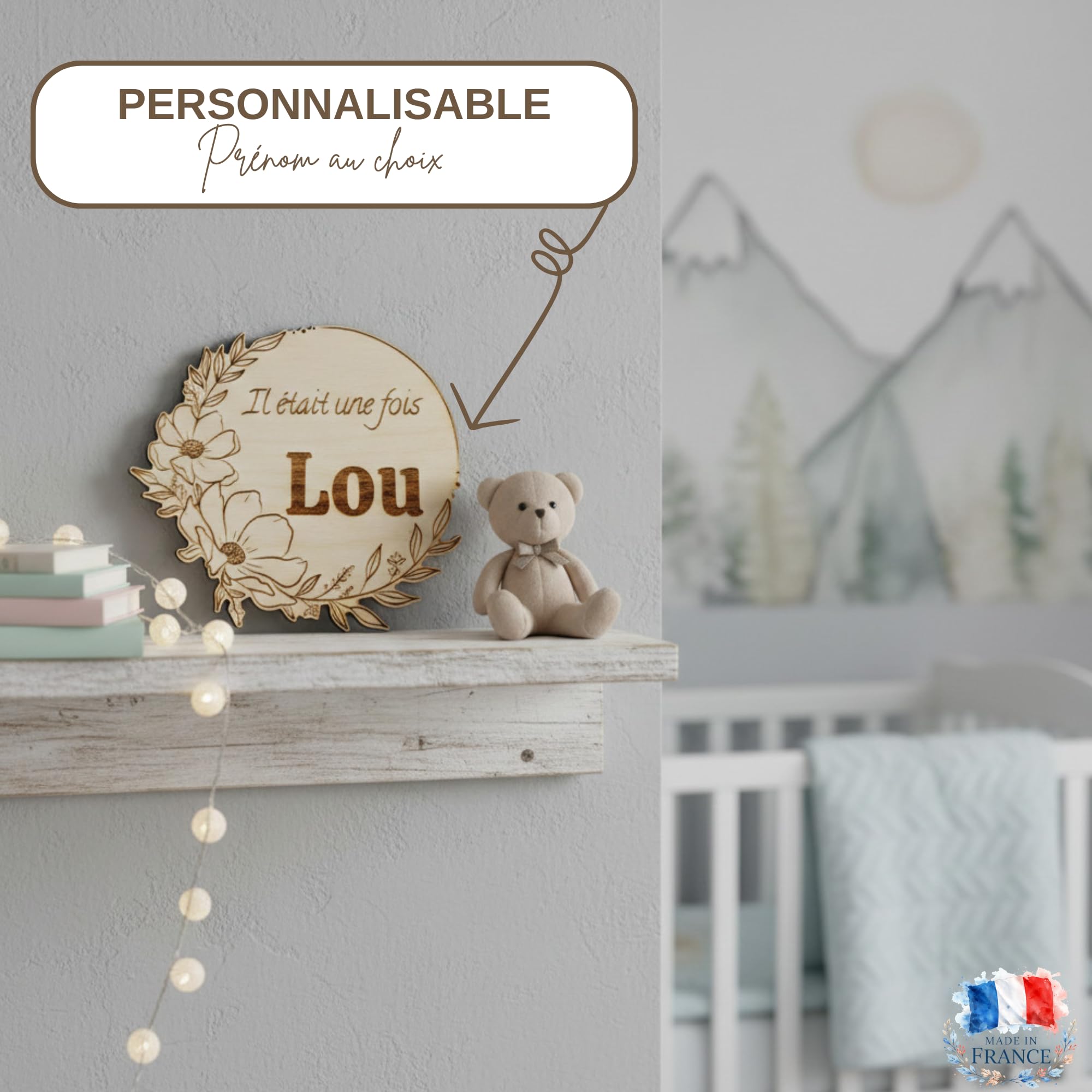 Plaque de Naissance Personnalisée en Bois - Carte Étape Annonce Bébé "Il était une fois" - Décoration Chambre Gravée 15cm - Cadeau de Naissance Unique