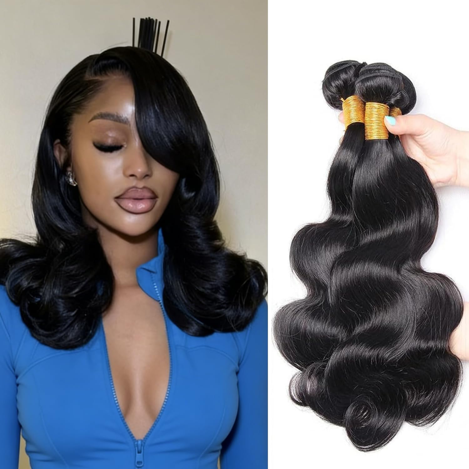 Body Wave Human Hair Bundles 12A Raw Human Hair Extensions Quick Weave Bundles 100% Unprocessed Virgin Real Hair Natural Black (16 18 20 inches)