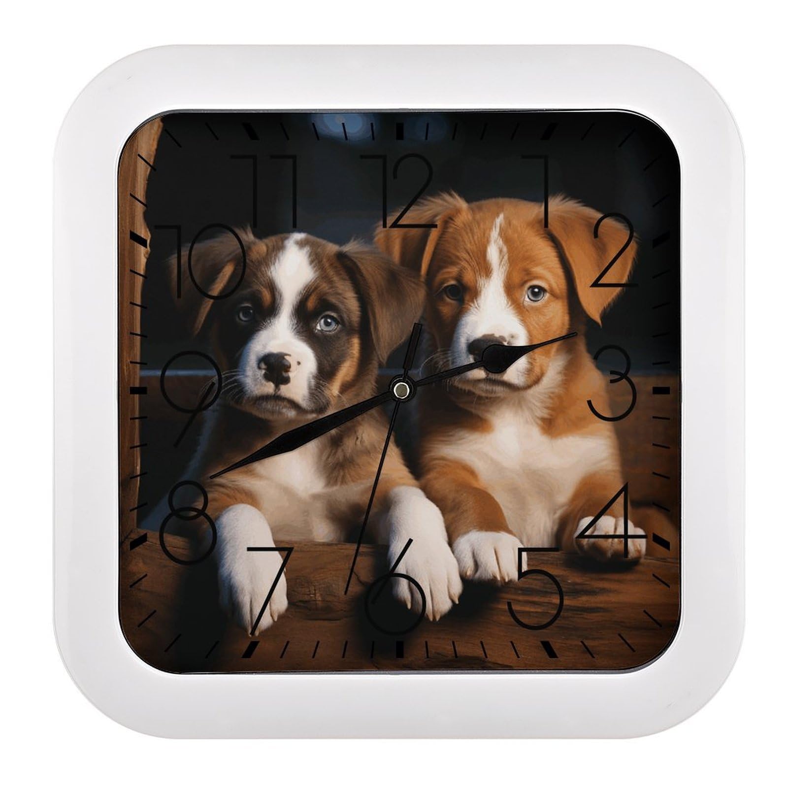LZQPOEAS Puppies Dogs Pets Animals Square Wall Clock, 10.2 Inch Battery Operated Silent Non-Ticking Wall Clock, Square Analog Decorative Clock for Home Wall Art, Living Room, Bedroom, and Office