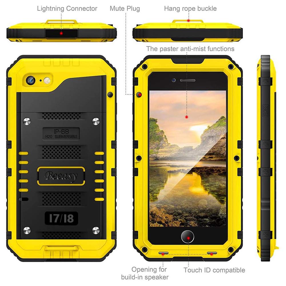 Beeasy Cover iPhone 7 Impermeabile Antiurto Giallo, iPhone 8 IP68 Waterproof Custodia Protettiva Full Body con Protezione dello Schermo, Antineve Anticaduta Robusta Militare Subacquea Case