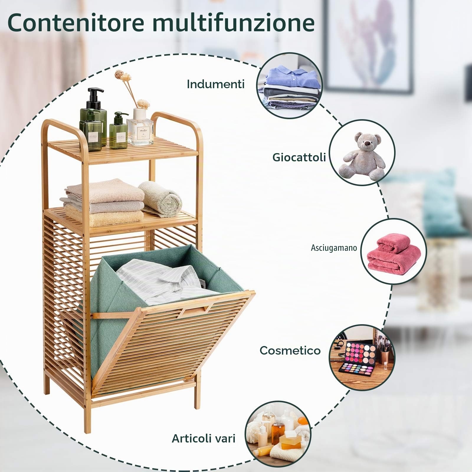 LIFEZEAL Mobile Biancheria Sporca e Mobiletto Bagno, Lavanderia, Cesto Portabiancheria a 1 Scomparto, con Sacco Rimovibile, Cesta Estraibile, Telaio in Bambù, Piano Portaoggetti, 40,5x33x95,5cm