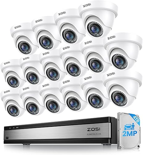 ZOSI H.265+ - Sistema de cámara de seguridad de 16 canales con detección AI de humanos y vehículos, DVR de vigilancia de 16 canales y 8 x cámara