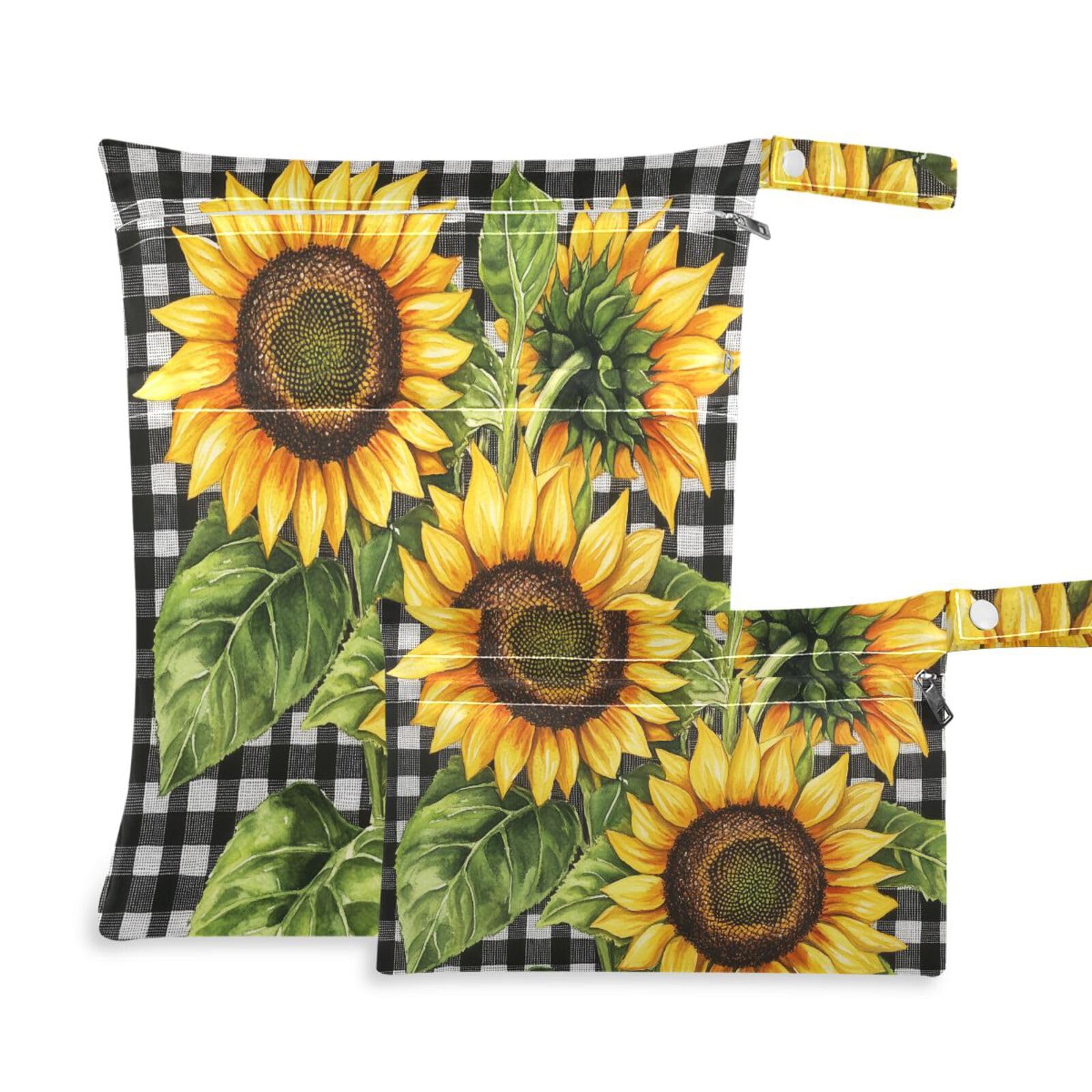 susiyo 2 Pcs Wet Dry Bag Yellow Sunflowers Checkered Waterproof Reusable Baby Cloth Diaper Wet Bags with 2 Zipper Pockets for Breast Pump Parts Travel Beach Pool Gym Yoga Swimsuits Wet Clothes