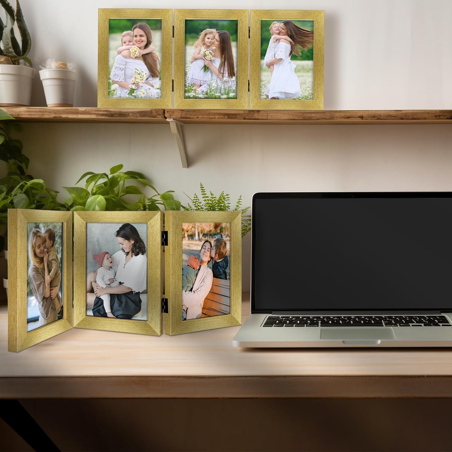Golden State Art, 5x7 Three Picture Frame Trifold Hinged Photo Frame with 3 Openings, Desk Top Family Picture Collage, with Real Glass (5x7 Triple, Gold, 2-Pack)