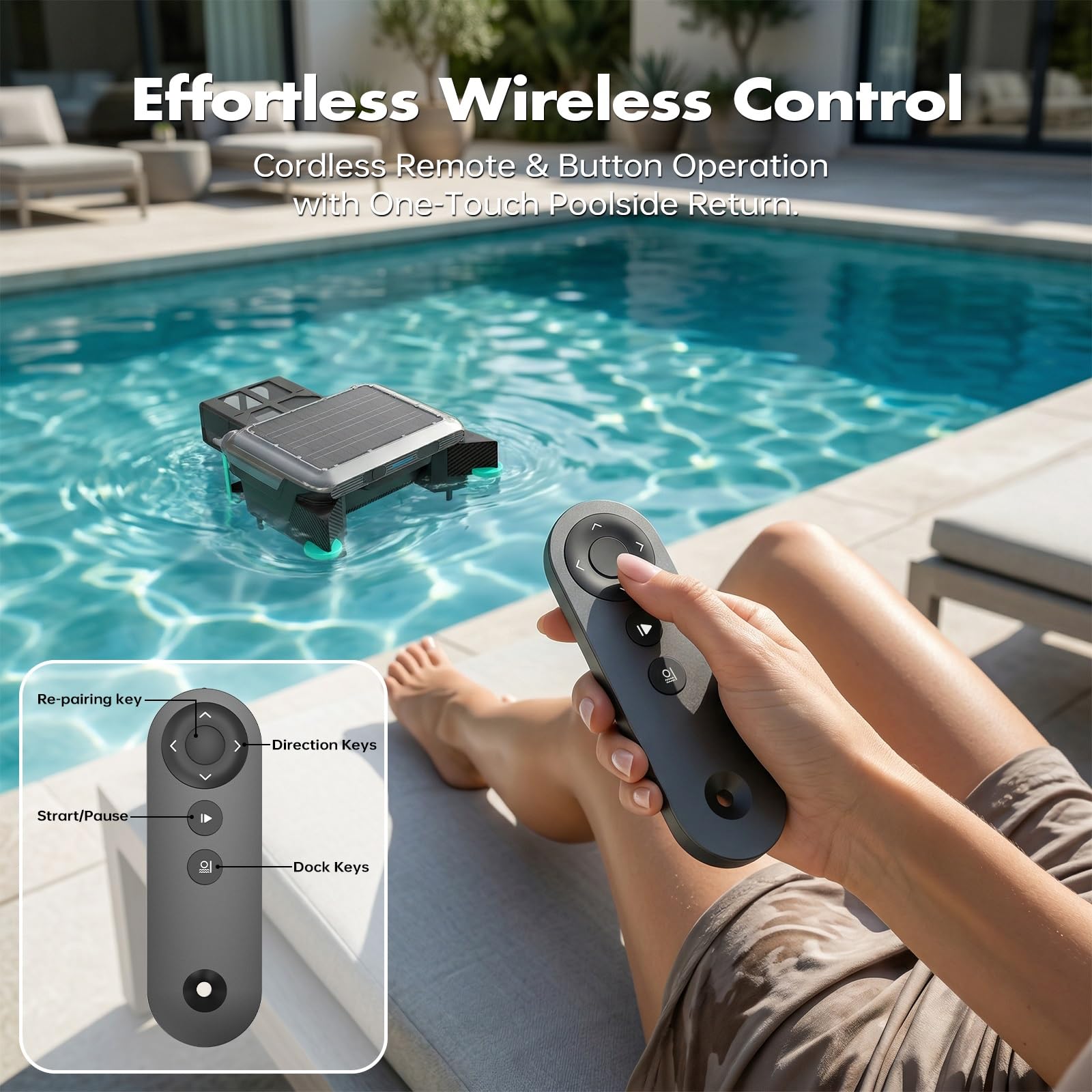 Robot Skimmer Solare per Acqua Cristallina, Pulitore Superficie Automatico 20H+ con 5200mAh Batteria, Cesto 6L, Ideale per Pulire i Bordi della Piscina, IPX8